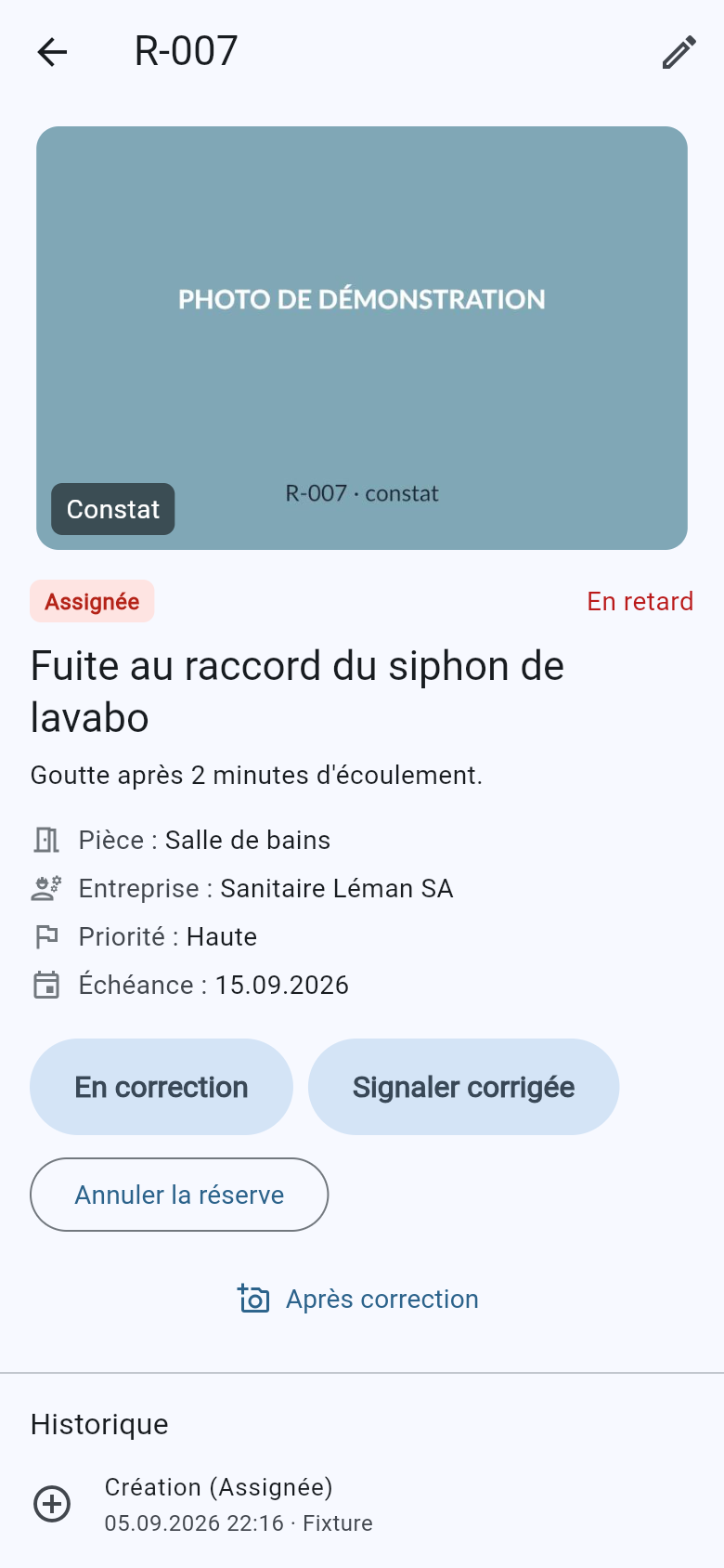 Écran d'une réserve dans l'application Recevix : photo, statut, entreprise, échéance